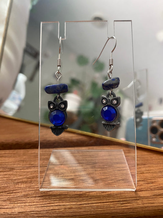 Dark Blue Owl Earrings